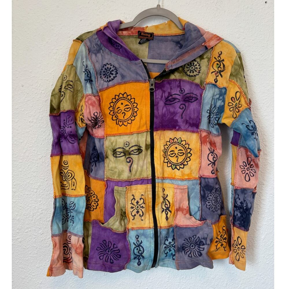 Rising International Hoodie Medium Patchwork Hippie Y2K Zip-Up Boho
